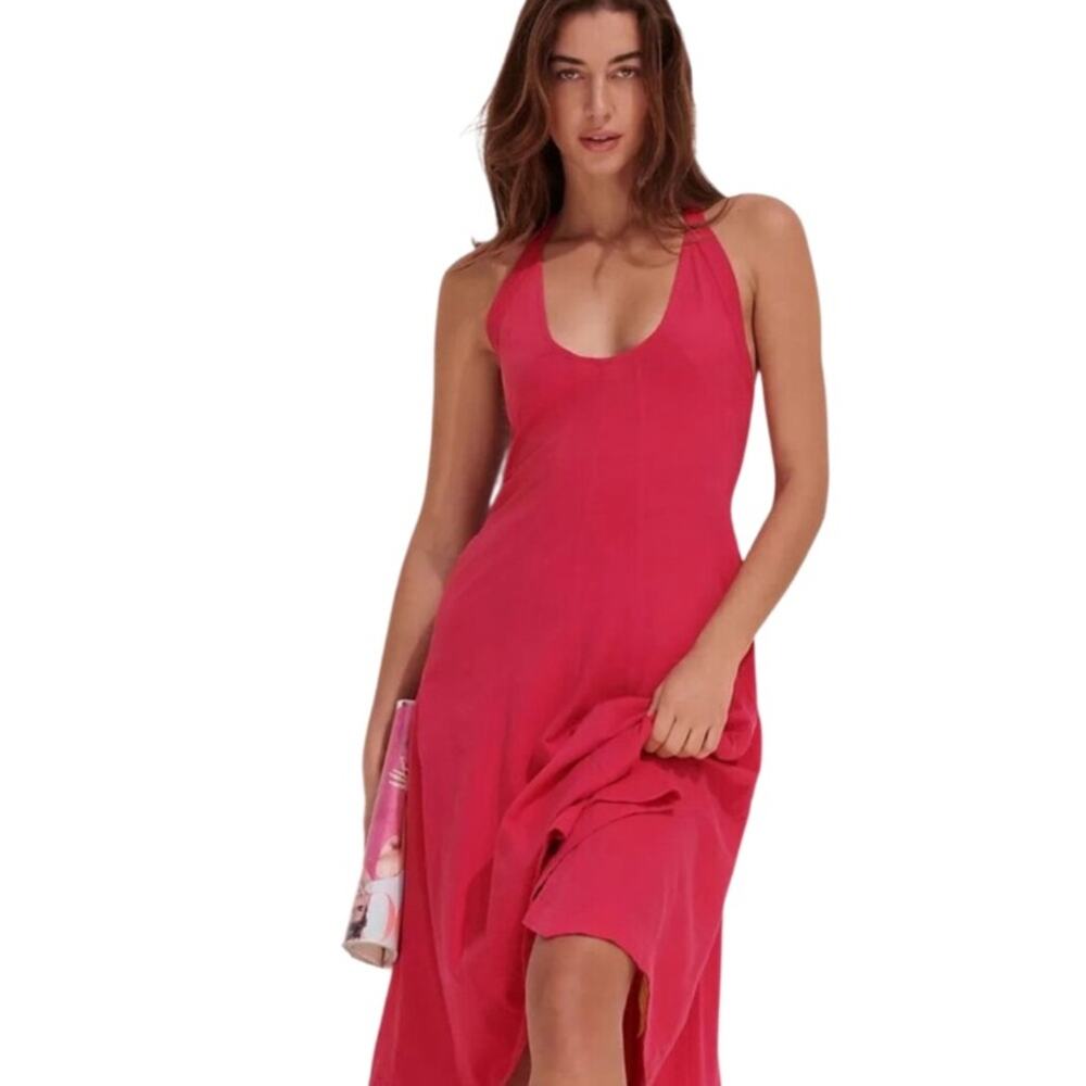 By Anthropologie Scoop-Neck A-Line Midi Dress Raspberry Solid Beach L NWT